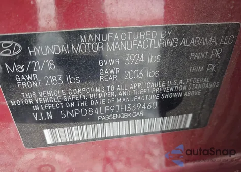 2018 Hyundai Elantra Sel z USA, uszkodzony, nr VIN 5NPD84LF9JH339460